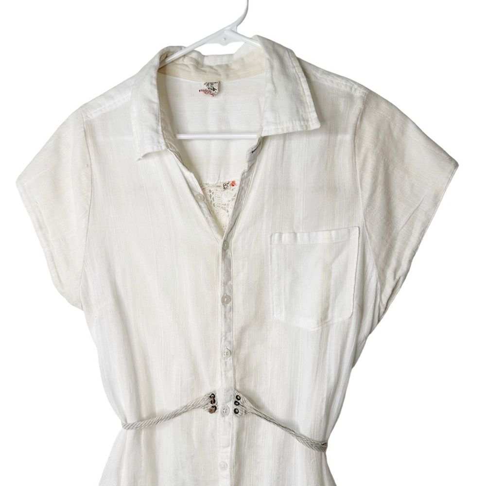 Free People White Sheer Crochet Knit Gauze Button Down Rope Tie Size Large - Picture 2 of 7
